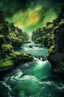 Iceland flora swirling night sky aurora borealis canyon. AI generative photo