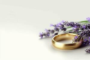 Small lavender flowers and two wedding rings. AI generative photo