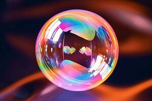 Iridescent soap bubble on multicolored background. AI generative photo
