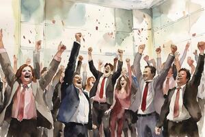 Simple illustration of business people celebrating success in an office. photo