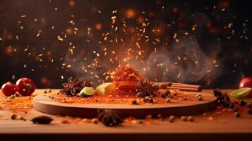 Cutting Board with Spices and Chili Flakes Explosion for Spicy Food Display photo