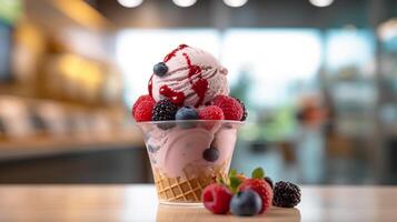 Fresh Ice Cream with Berries and Chocolate photo