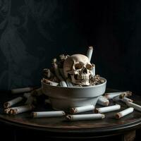 AI Generative Skeleton with Bowl Full of Cigar Butt photo