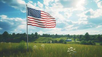 USA Flag Fluttering on A Beautiful Countryside Hill photo