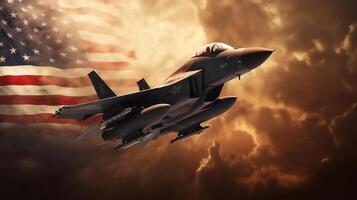 ai generativo militar avión volador a el cielo con Estados Unidos bandera foto
