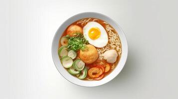 Korean instant noodles with korean rice cake and fish cake and boiled egg, photo