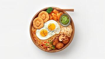 Korean instant noodles with korean rice cake and fish cake and boiled egg, photo