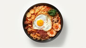 Korean instant noodles with korean rice cake and fish cake and boiled egg, photo