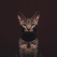 Studio portrait of an Egyptian cat with big ears on a dark background. Generative AI. photo