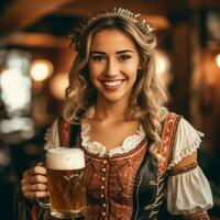 linda rubia con cerveza en un nacional bávaro atuendo en un borroso antecedentes de un pueblo pub. generativo ai foto