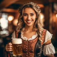 Cute blonde with beer in a national Bavarian outfit on a blurred background of a village pub. photo