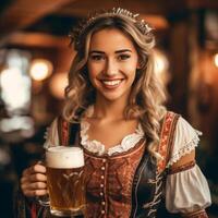 Cute blonde with beer in a national Bavarian outfit on a blurred background of a village pub. Generative AI photo