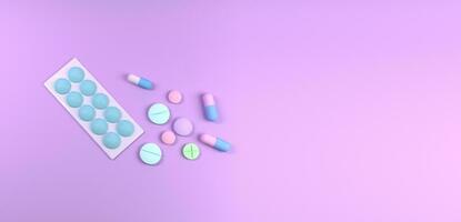 Colored Pills, Tablets and Capsules Blisters for Pharmacy and Medicine, with a Syringe. Pink medical Background. photo