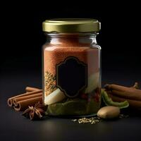 A mixture of various spices in a glass jar on the kitchen table. AI generated. photo