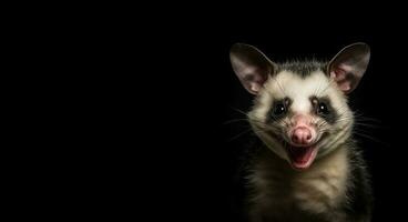Virginia Opossum Didelphis virginiana. Studio portrait of a smiling possum. Wild exotic animal. Generative AI. photo