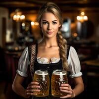 Beautiful waiter girl with glasses of beer against the background of a blurry tavern. Generative AI photo