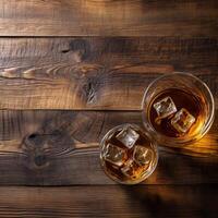 Glass of whiskey and barrel on wooden background top view. Generative AI photo