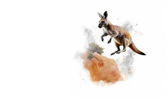 Striped kangaroo in a jump on a white horizontal background with a space for text. Generative AI photo