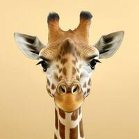 Portrait of a male reticulated giraffe against a beige background. Generative AI photo