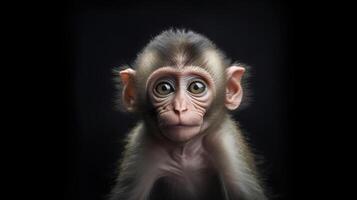 Portrait of a baby monkey on black background. Generative AI photo