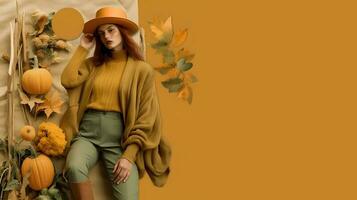 Autumn composition with girl and pumpkins in warm earthy colors. Horizontal mustard background with space for text. Fashionable design. Generative AI photo