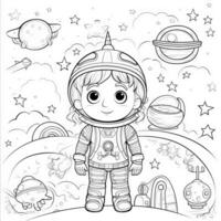 un niño en un traje espacial en contra el antecedentes de estrellas y planetas, bosquejo ilustración. dibujos animados espacio paisaje para colorante. generativo ai foto