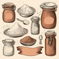 Salt on a light background in jars and bowls vintage sketch, hand drawn style. Set of storage containers and spice spoons. Retro poster. photo