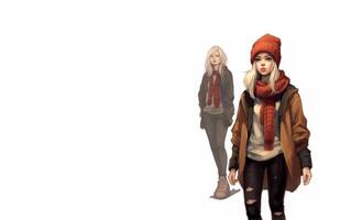 Girl in a stylish oversized brown jacket and jeans. Fashionable watercolor illustration of schoolgirls dressed in autumn fashion in a knitted hat with a scarf. Generative AI photo