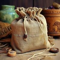 Handmade bag made of burlap. Eco-packaging in a rustic retro style. Generative AI photo