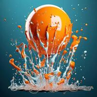 Orange sphere and splashes on a blue background. Abstract colorful background. Generative AI photo