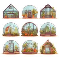 Greenhouses for growing vegetables and flower. A large set of isolated stickers. Watercolor hand drawing. photo