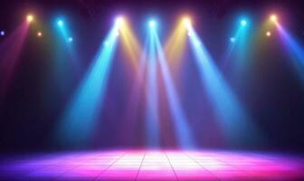 Empty stage with colorful spotlights. Scene lighting effects photo