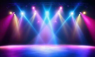 Empty stage with colorful spotlights. Scene lighting effects photo