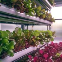 Smart technologies in agriculture. Vertical cultivation of greens for lettuce in the greenhouse. Selective focus, blur. The current trend of agribusiness. . photo