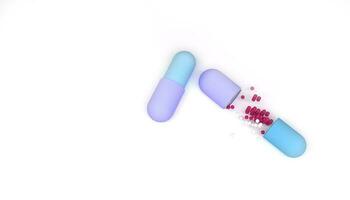 Close and opened medical pill capsules with colorful spherical drug particles inside. 3d render illustration. photo