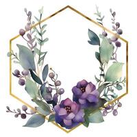 Golden hexagonal frame with watercolor flowers isolated on white background Blurred effect. photo