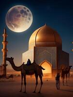 Photo eid al adha greeting poster with camel and mosque in beautiful night