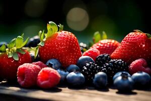 Fresh berries, wooden table at barbecue party outdoors. AI generative photo