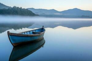 Small boat on a calm lake, landscape photography. AI generative photo