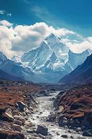 The base of mount everest from a rocky ground, in the style of light sky. AI generative photo