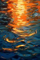 An orange and blue reflection in the water, in the style of light gold and indigo. AI generative photo