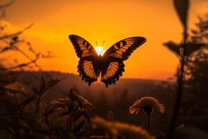 uno mariposa soportes silueta en contra un amarillo puesta de sol. ai generativo foto