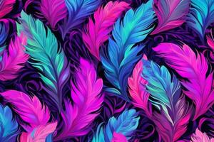 A hot pink, purple and teal repeating pattern of feathers, watercolor elements, black background. photo