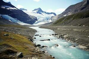 a hill and off a waterfall in summer with snow on the ground. AI generative photo