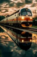 Mesmerizing Train Photography, Motion blur, reflection, speed, cinematic. AI generative photo
