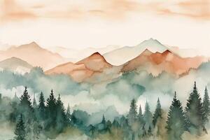 Watercolor boho style mountain landscape, minimalistic, vintage with muted colors. photo