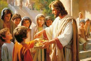 illistration de Jesús da un pan a un grupo o niños. ai generativo foto