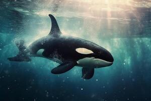 Hyper realistic under water photograph of an orca. AI generative photo