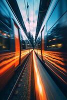 Mesmerizing Train Photography, Motion blur, reflection, speed, cinematic. AI generative photo