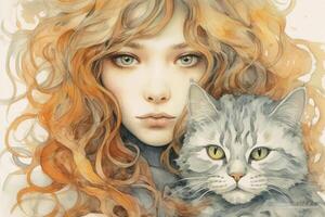 Sweet grey kitty with a heavy set woman with curly light brown hair with grey streaks in the style of line art and watercolor. AI generative photo